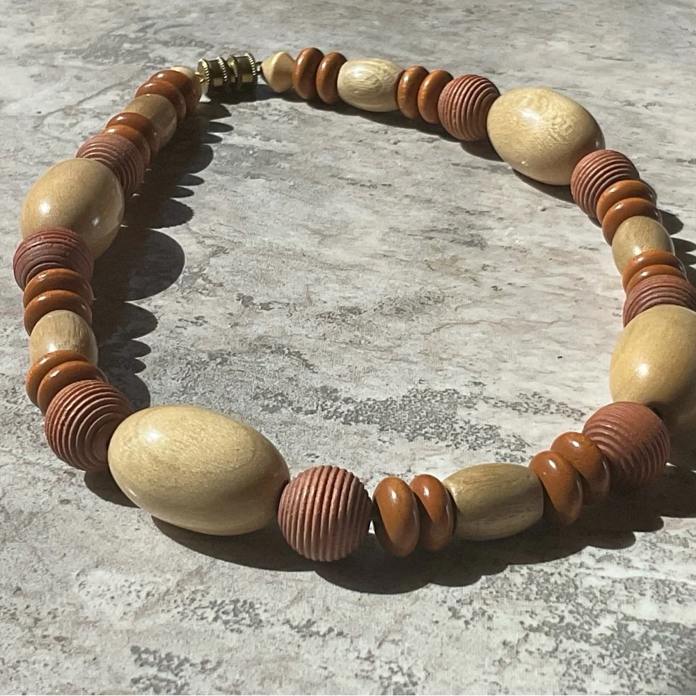 Wood bead necklace Various size shapes color screw closure 15” long